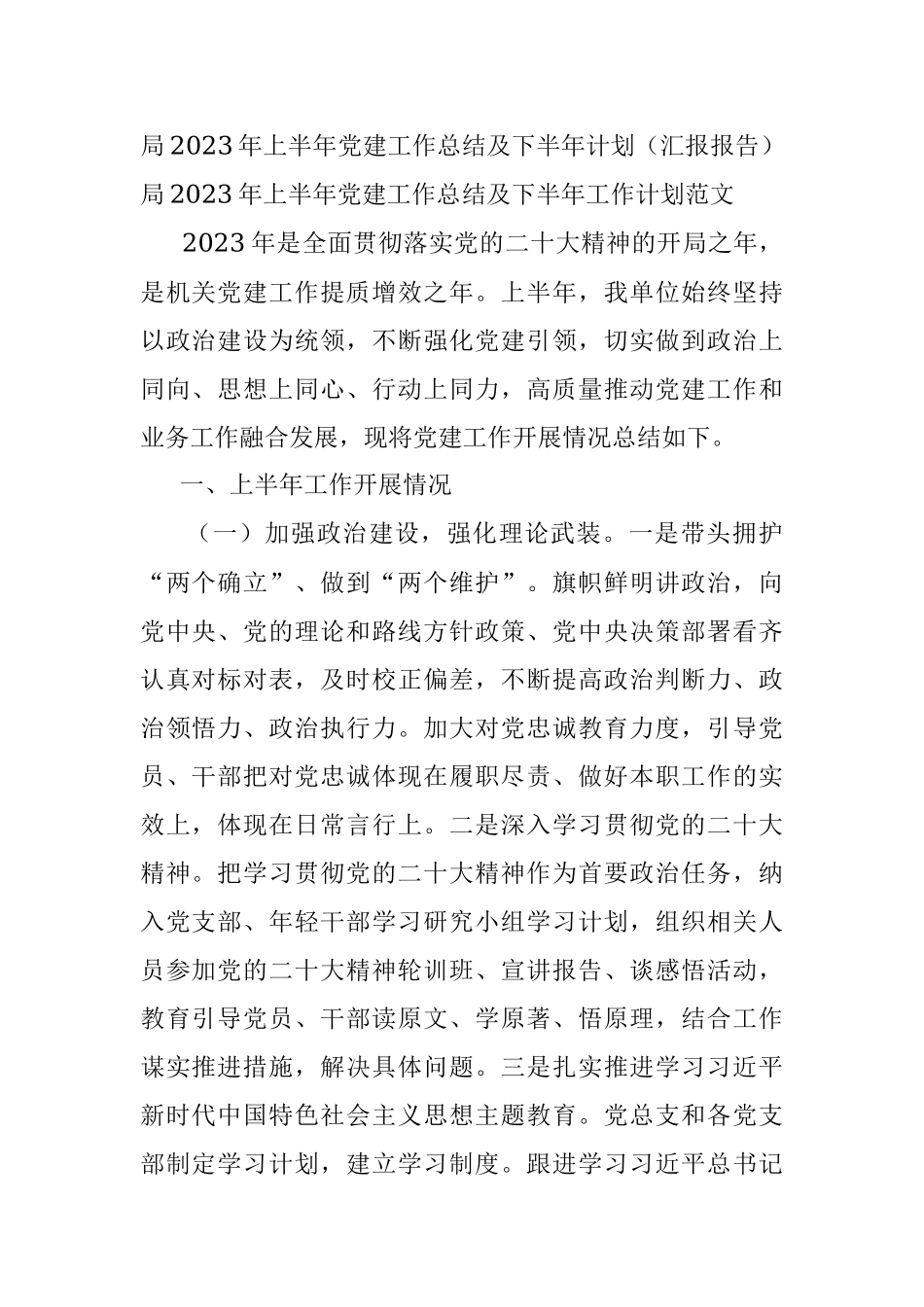 局2023年上半年党建工作总结及下半年计划（汇报报告）.docx_第1页