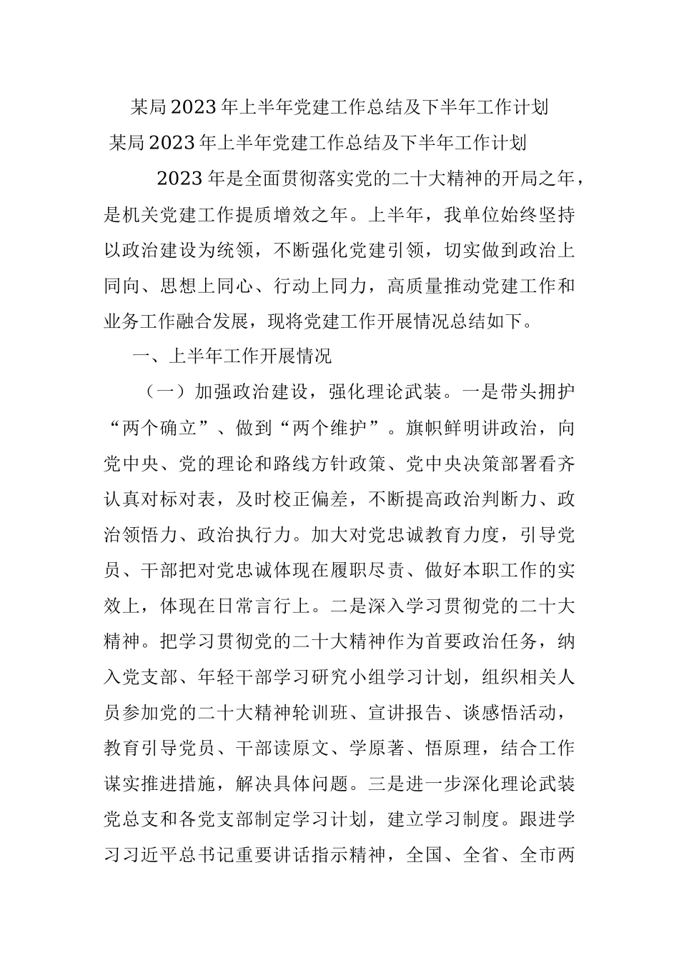 某局2023年上半年党建工作总结及下半年工作计划.docx_第1页