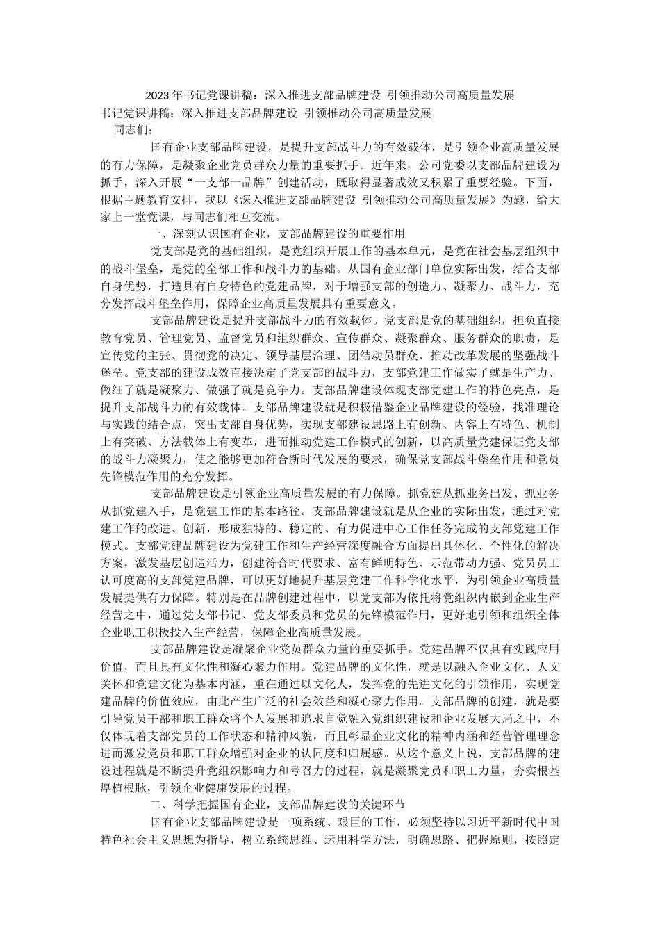 2023年书记党课讲稿：深入推进支部品牌建设 引领推动公司高质量发展.docx_第1页
