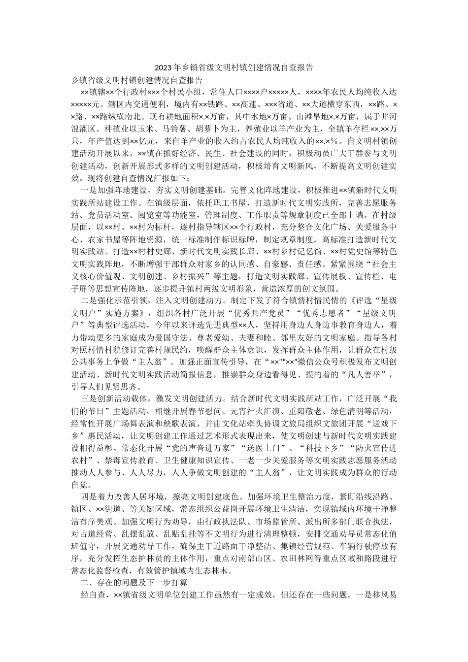 2023年乡镇省级文明村镇创建情况自查报告.docx_第1页