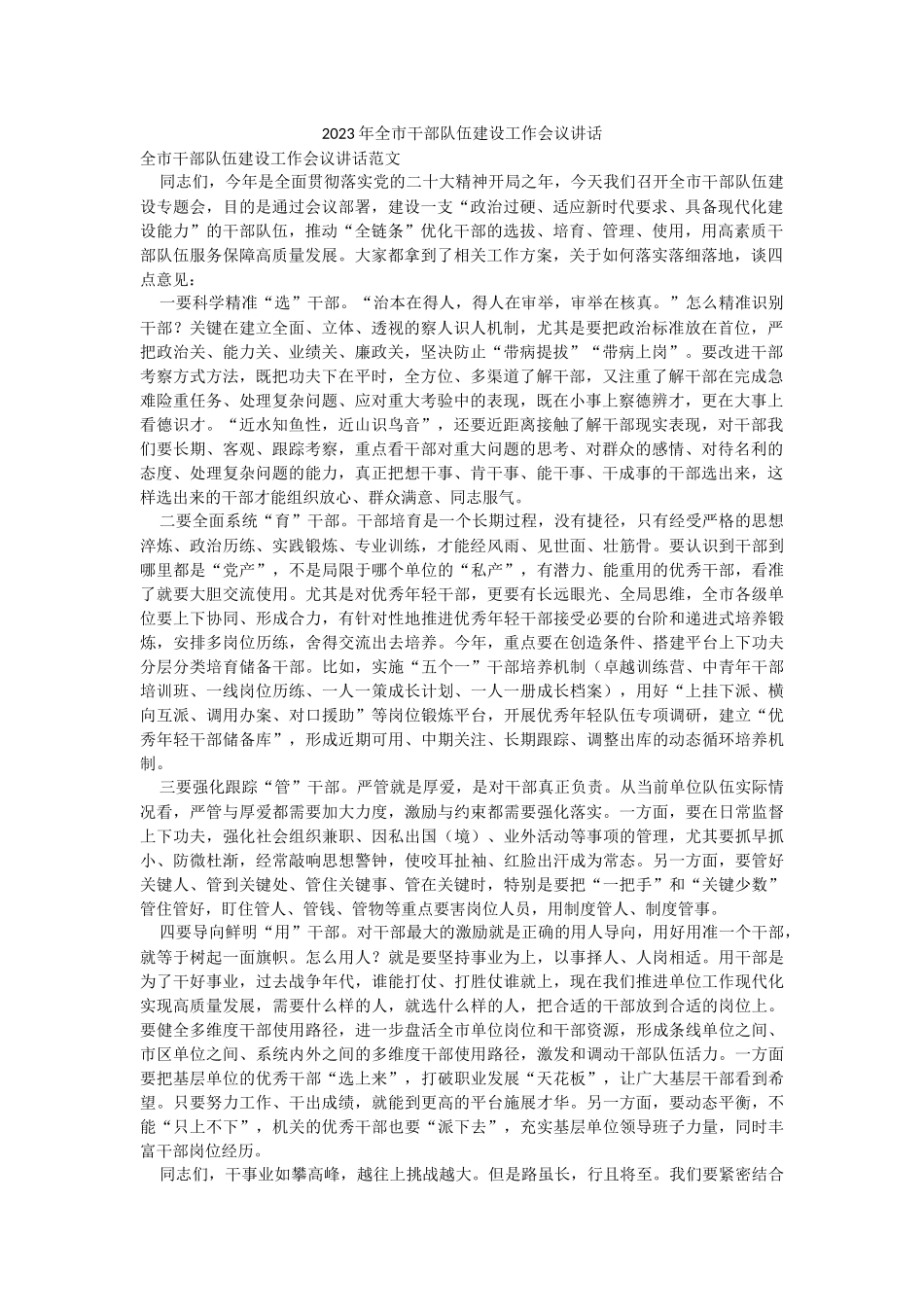 2023年全市干部队伍建设工作会议讲话.docx_第1页