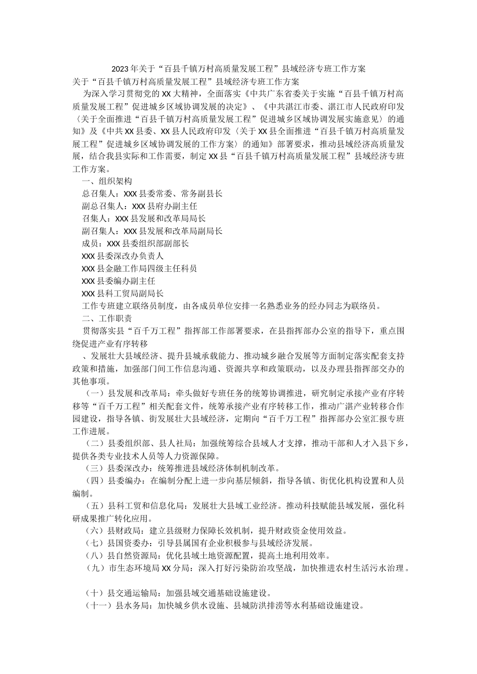 2023年关于“百县千镇万村高质量发展工程”县域经济专班工作方案.docx_第1页