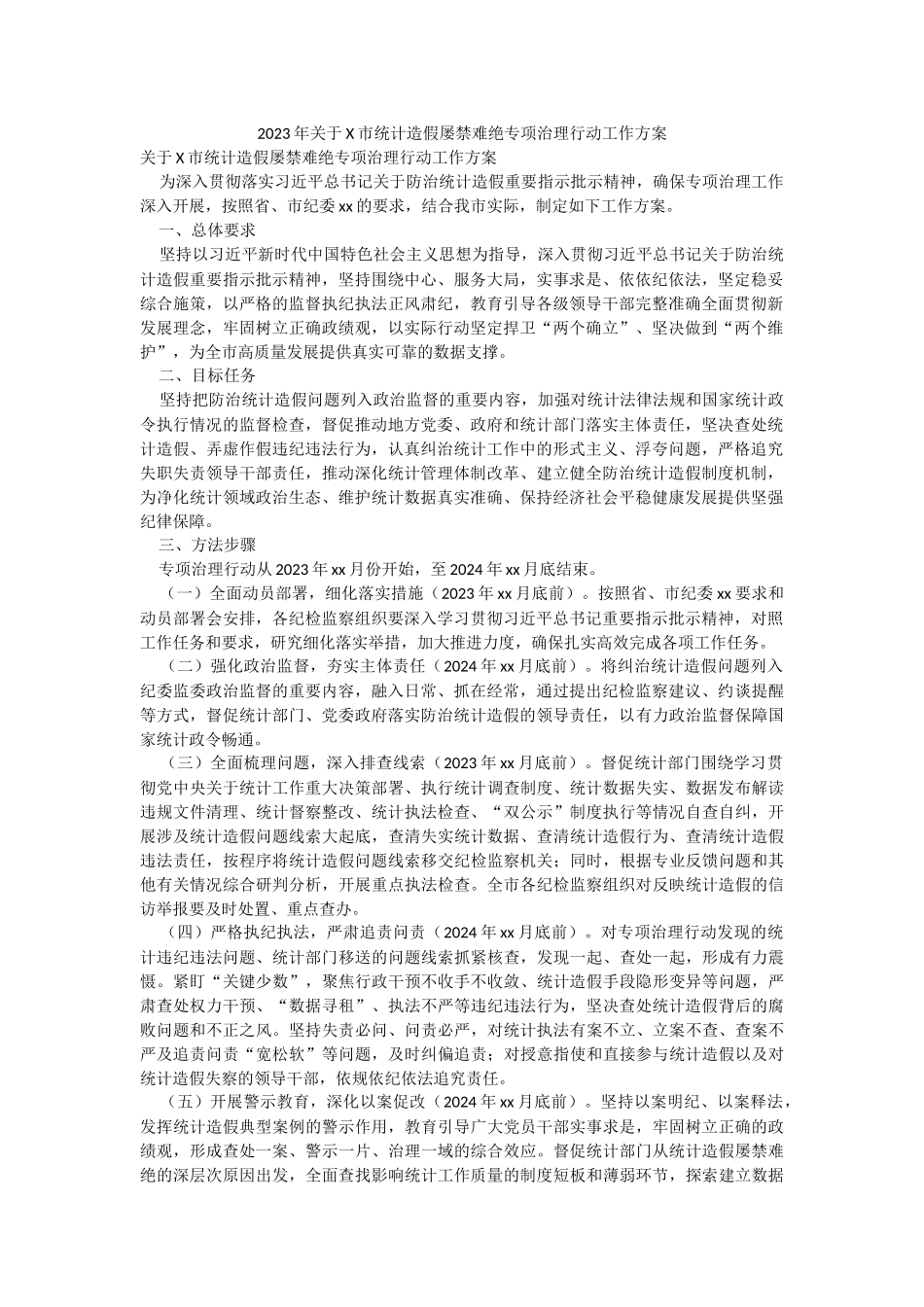 2023年关于X市统计造假屡禁难绝专项治理行动工作方案.docx_第1页