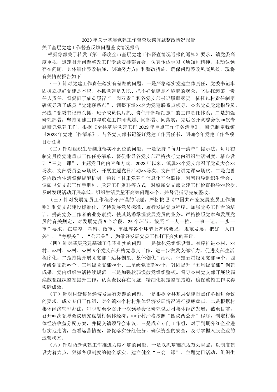 2023年关于基层党建工作督查反馈问题整改情况报告.docx_第1页