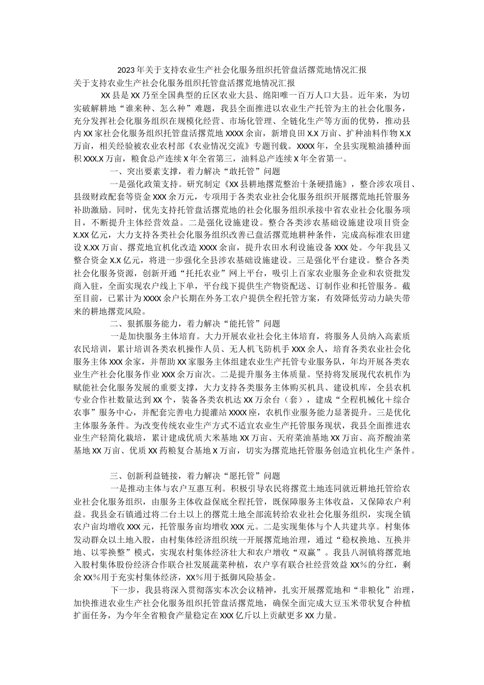 2023年关于支持农业生产社会化服务组织托管盘活撂荒地情况汇报.docx_第1页