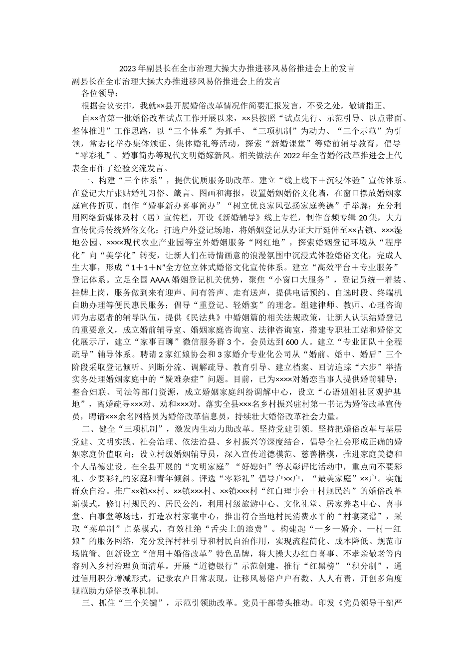 2023年副县长在全市治理大操大办推进移风易俗推进会上的发言.docx_第1页