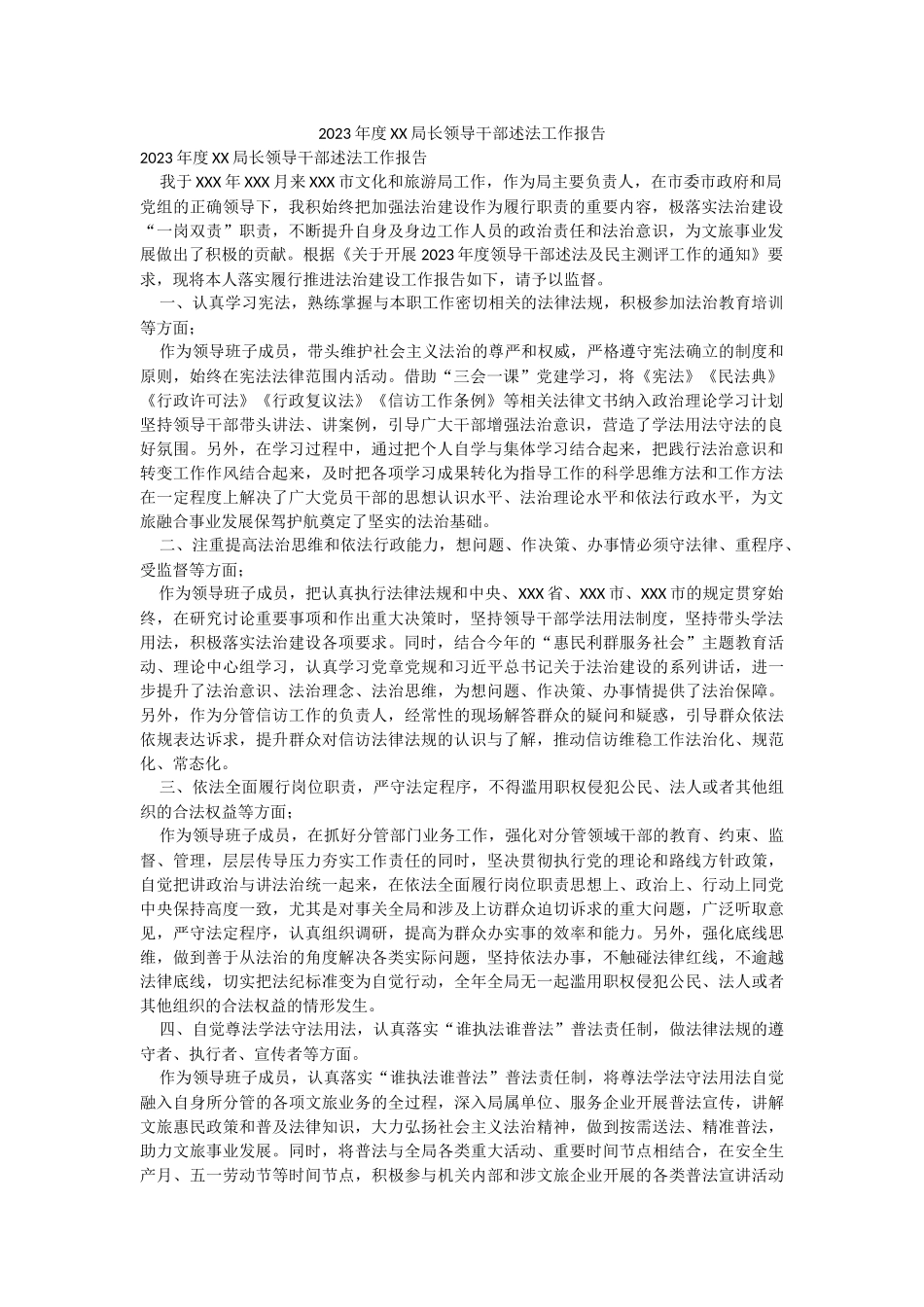 2023年度XX局长领导干部述法工作报告.docx_第1页
