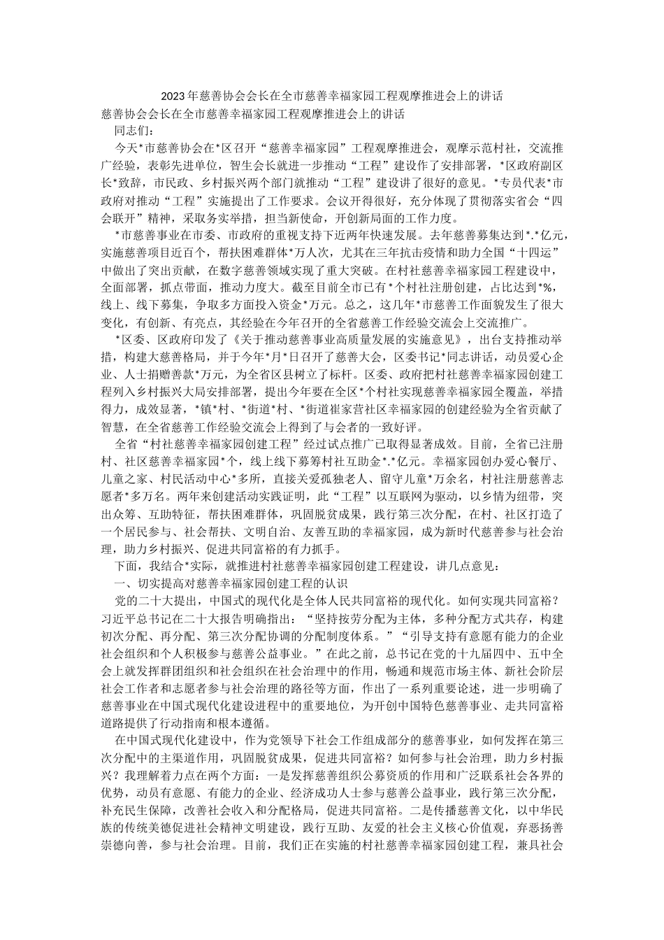 2023年慈善协会会长在全市慈善幸福家园工程观摩推进会上的讲话.docx_第1页