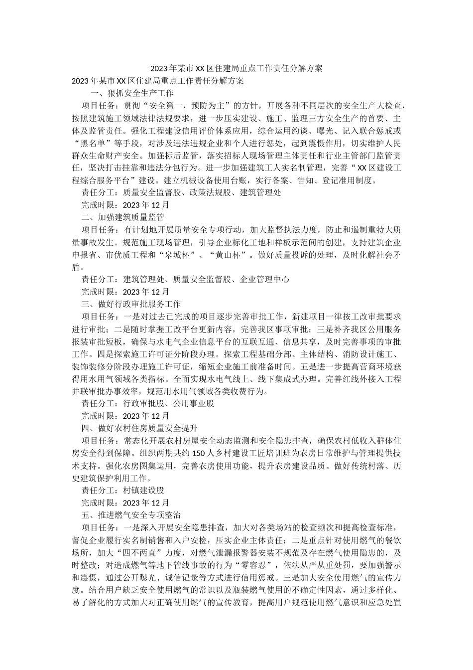2023年某市XX区住建局重点工作责任分解方案.docx_第1页