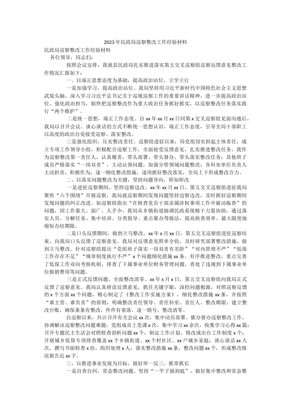 2023年民政局巡察整改工作经验材料.docx_第1页