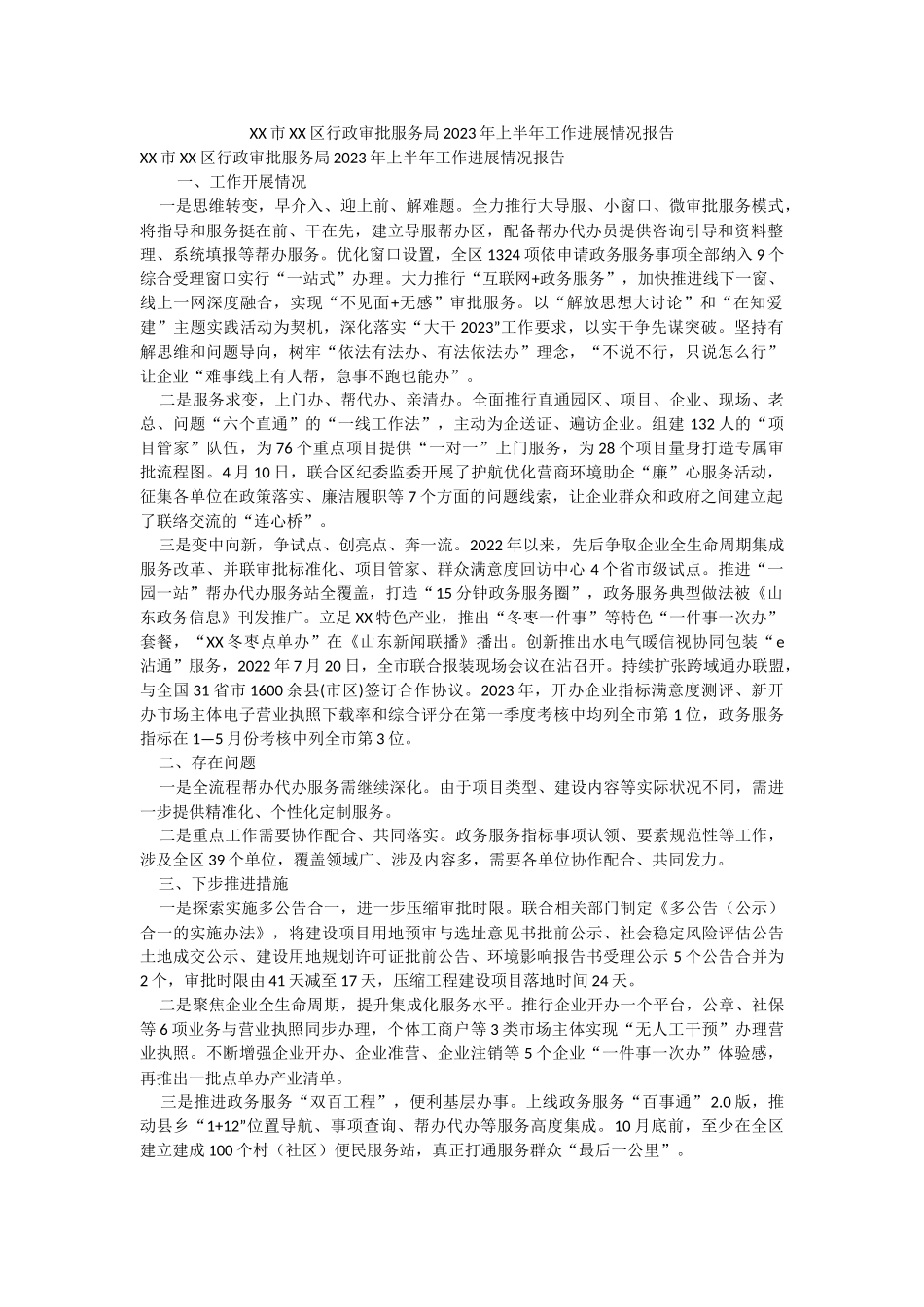 XX市XX区行政审批服务局2023年上半年工作进展情况报告.docx_第1页