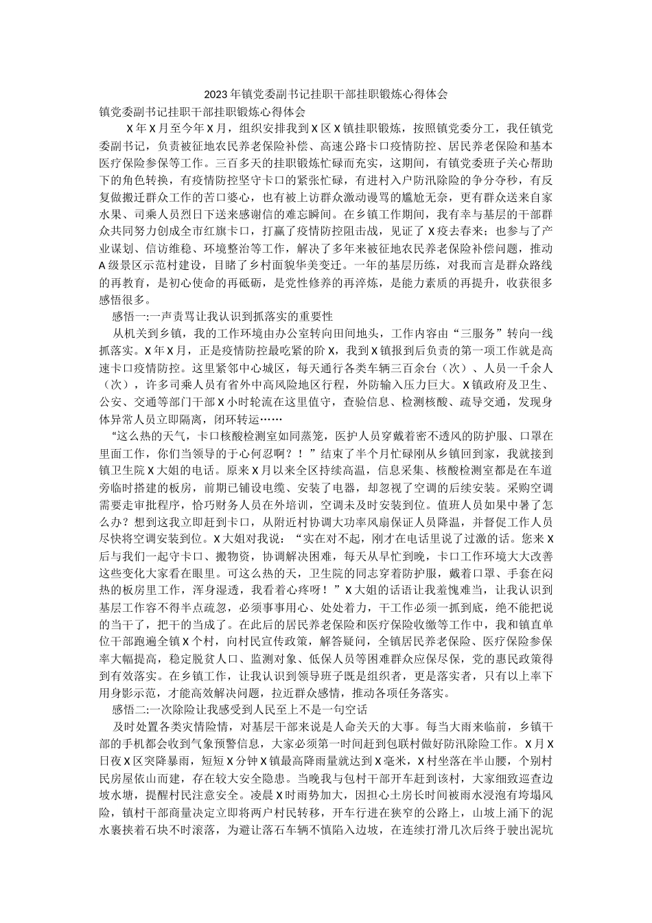 2023年镇党委副书记挂职干部挂职锻炼心得体会.docx_第1页