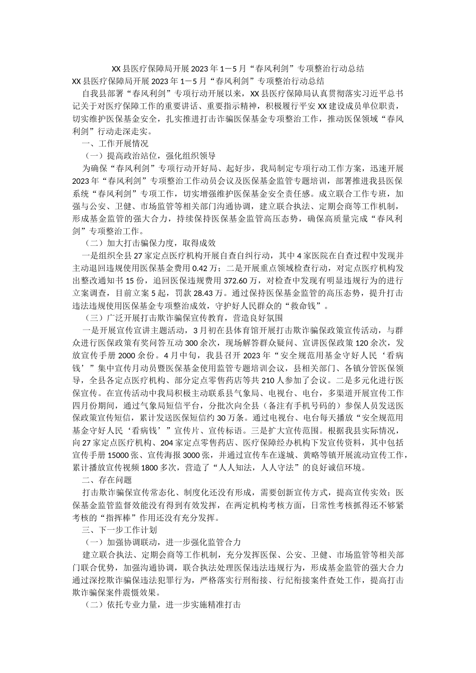 XX县医疗保障局开展2023年1－5月“春风利剑”专项整治行动总结.docx_第1页