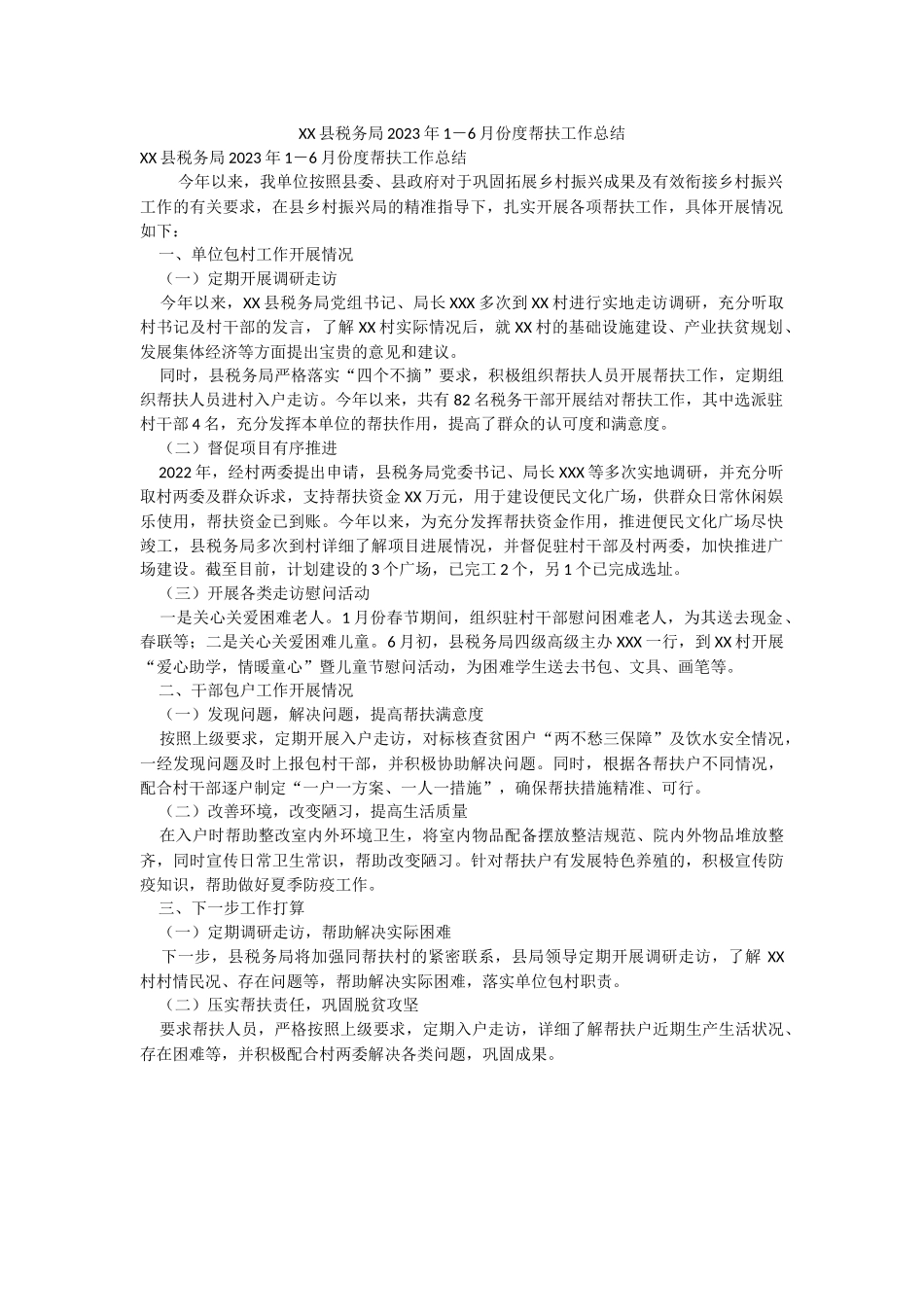 XX县税务局2023年1－6月份度帮扶工作总结.docx_第1页