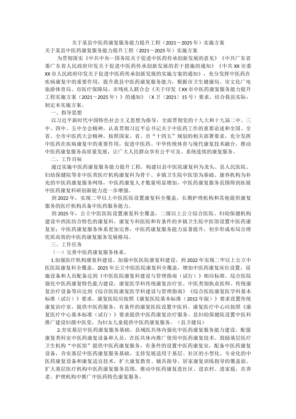 关于某县中医药康复服务能力提升工程（2021－2025年）实施方案.docx_第1页