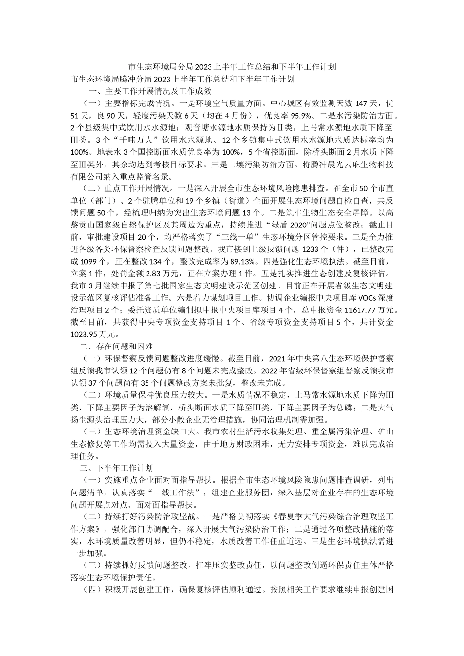 市生态环境局分局2023上半年工作总结和下半年工作计划.docx_第1页