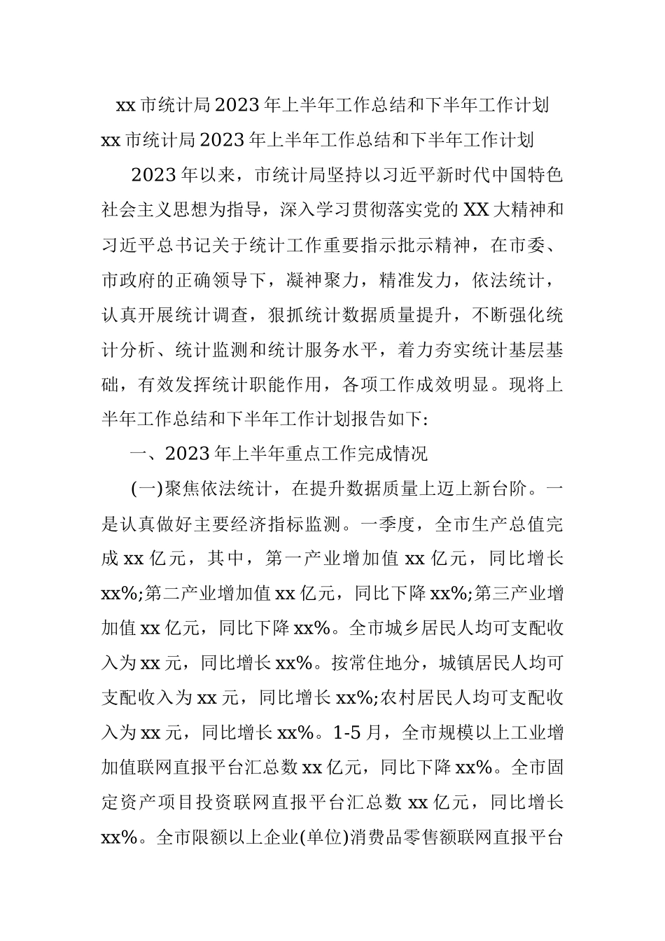 xx市统计局2023年上半年工作总结和下半年工作计划.docx_第1页