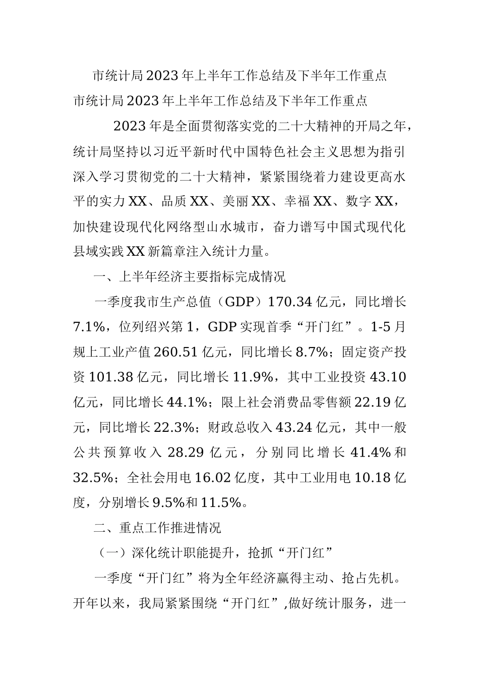 市统计局2023年上半年工作总结及下半年工作重点.docx_第1页