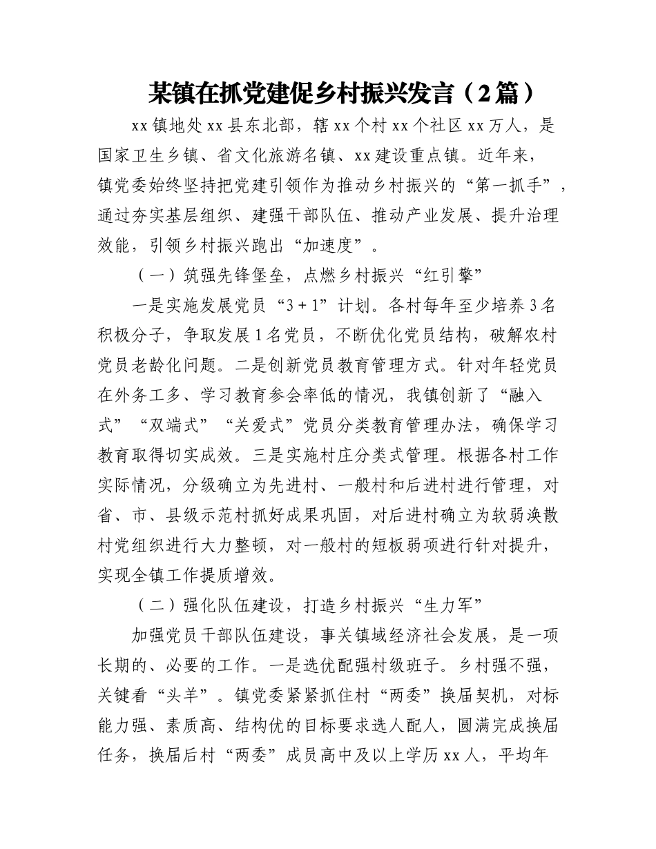 2023年（2篇）某镇在抓党建促乡村振兴发言.docx_第1页