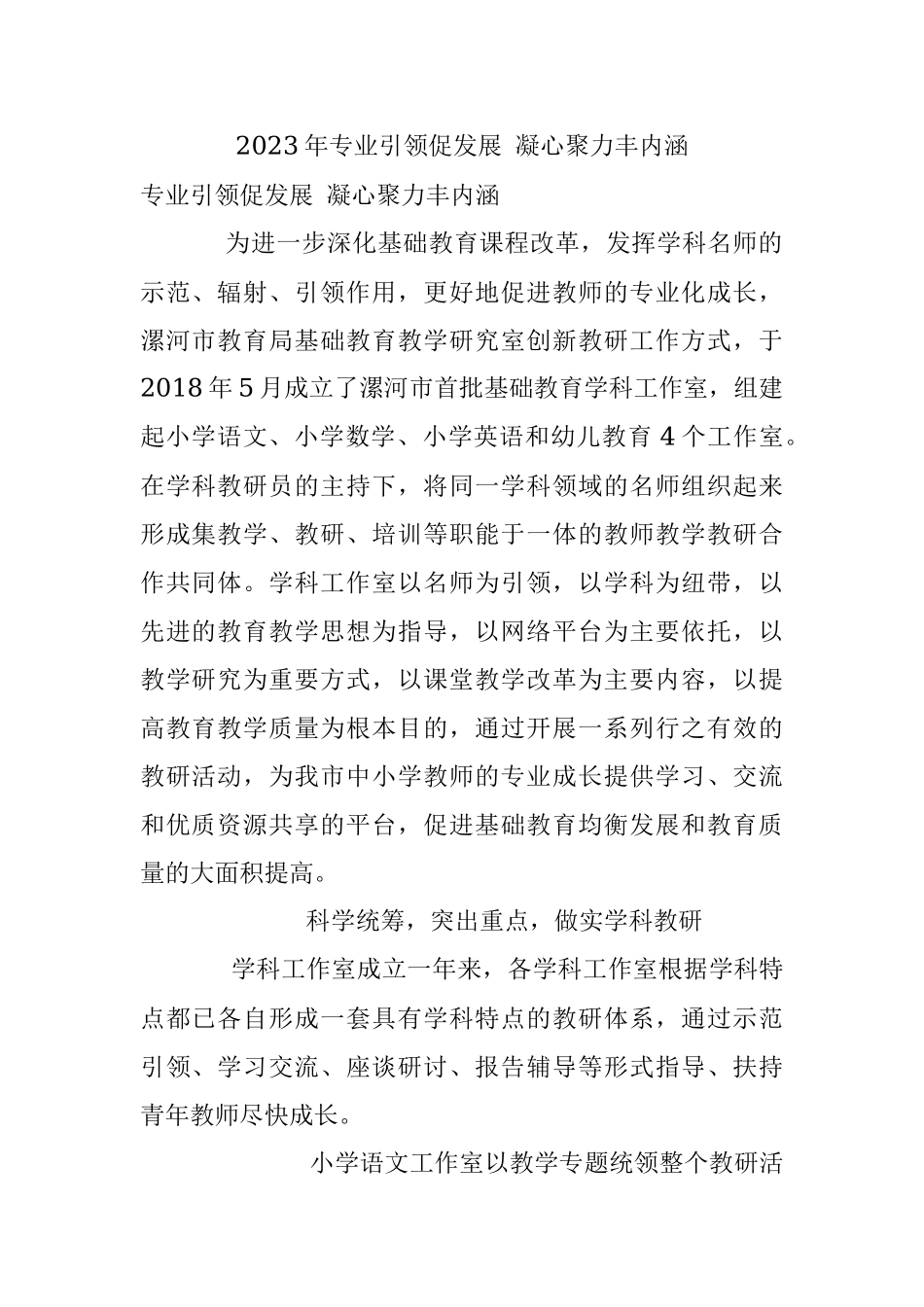 2023年专业引领促发展 凝心聚力丰内涵.docx_第1页