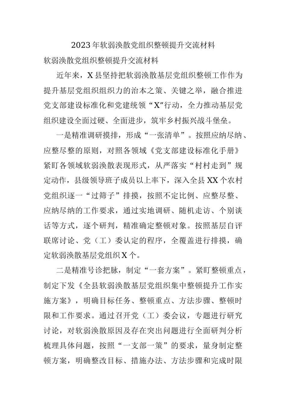 2023年软弱涣散党组织整顿提升交流材料.docx_第1页