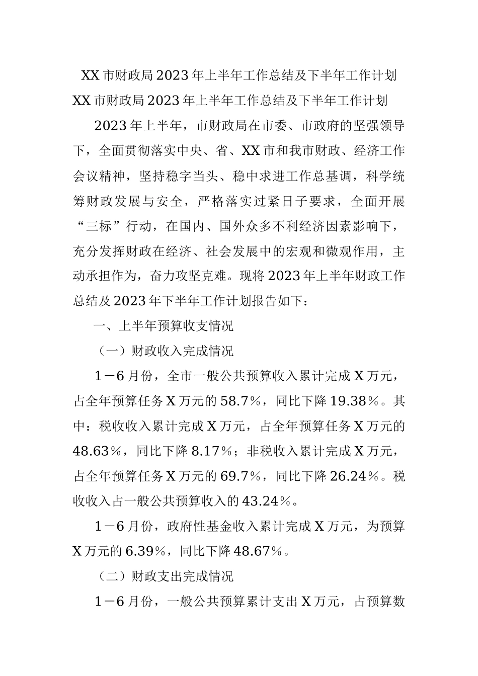 XX市财政局2023年上半年工作总结及下半年工作计划.docx_第1页