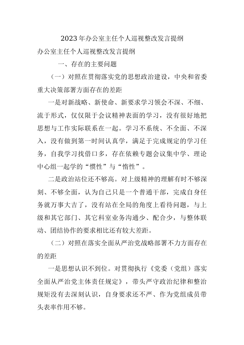 2023年办公室主任个人巡视整改发言提纲.docx_第1页