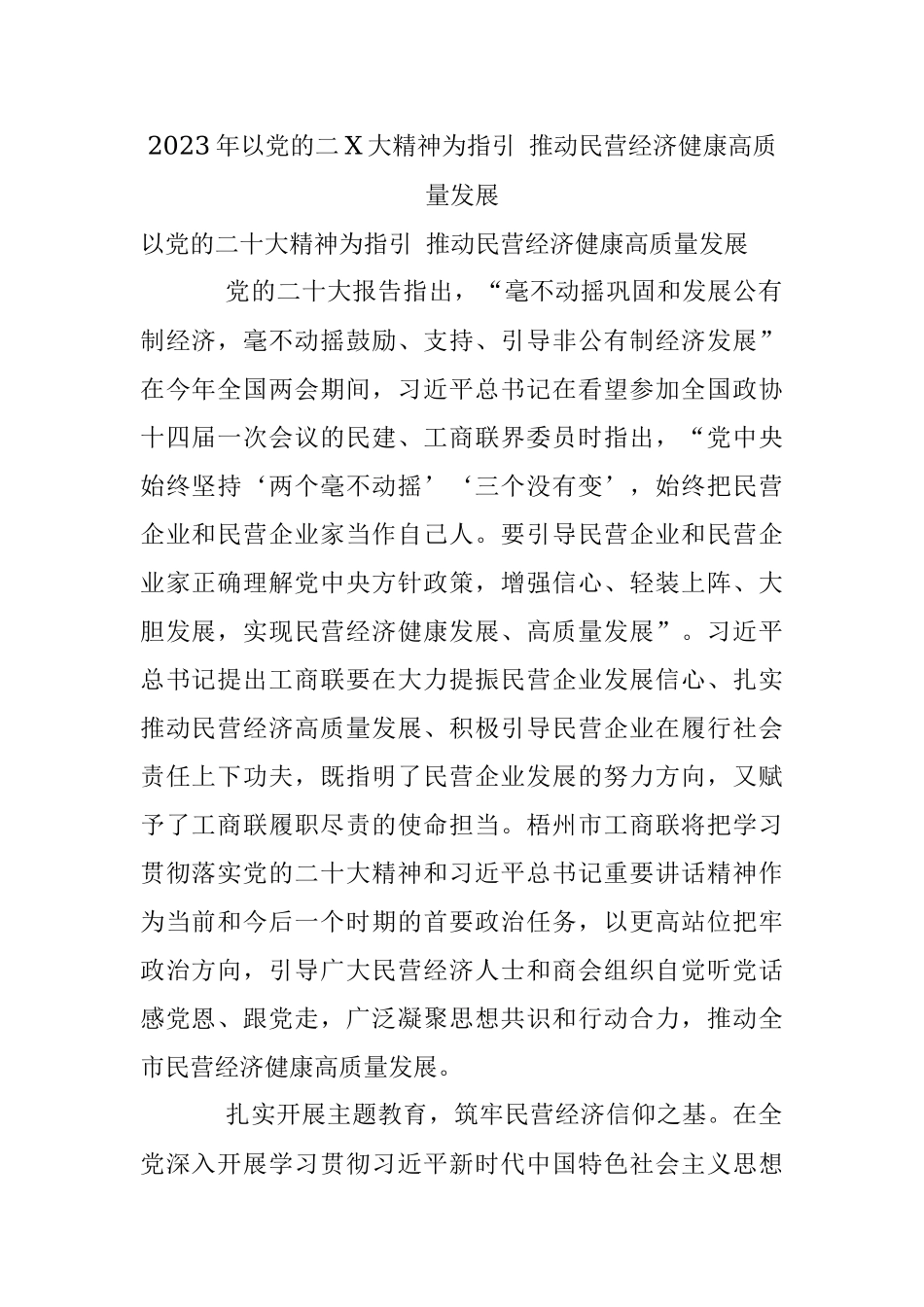 2023年以党的二X大精神为指引 推动民营经济健康高质量发展.docx_第1页