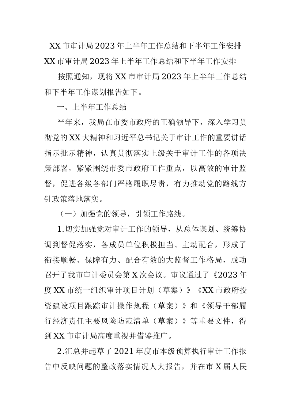 XX市审计局2023年上半年工作总结和下半年工作安排.docx_第1页