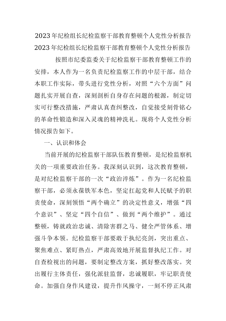 2023年纪检组长纪检监察干部教育整顿个人党性分析报告.docx_第1页