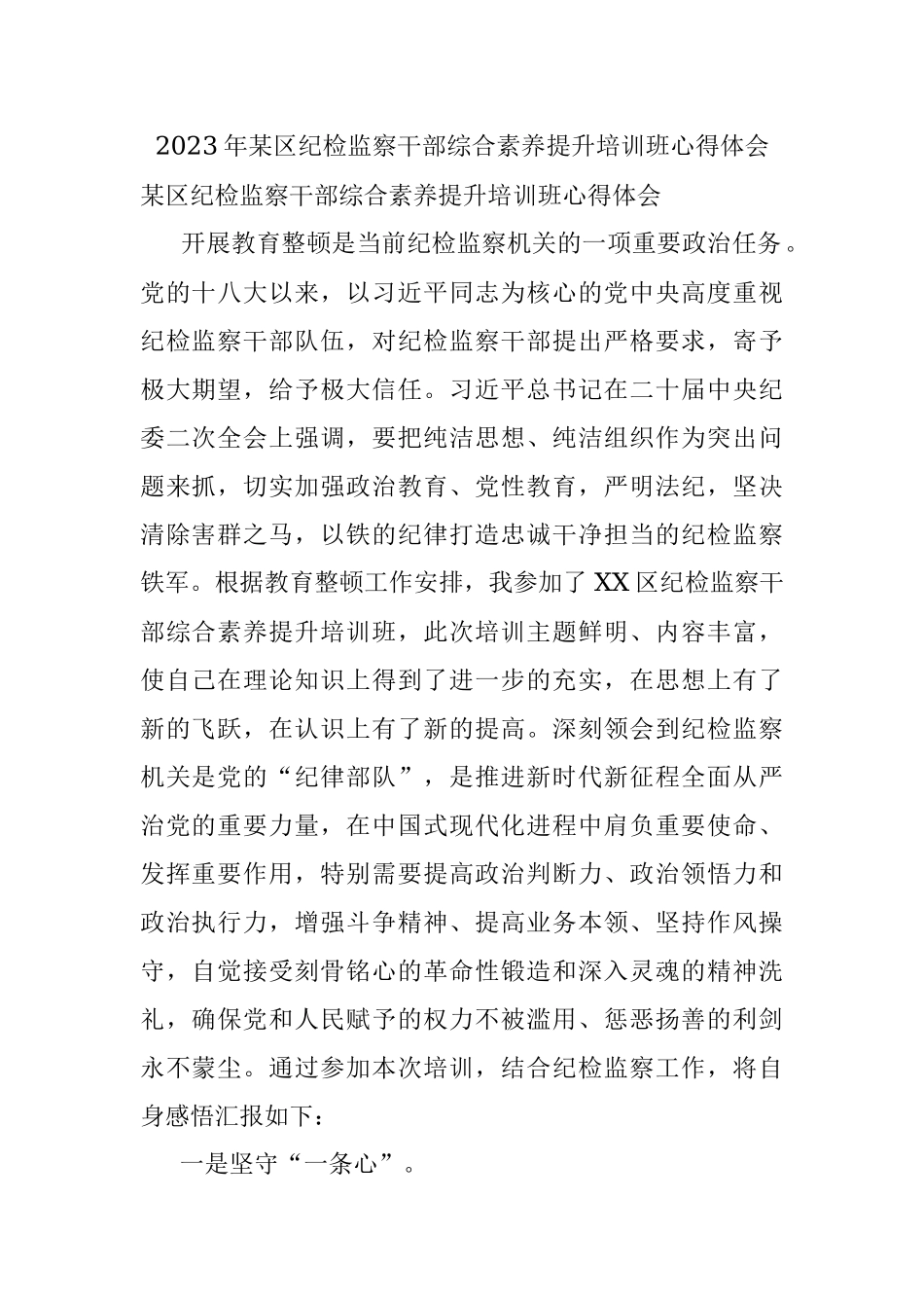 2023年某区纪检监察干部综合素养提升培训班心得体会.docx_第1页