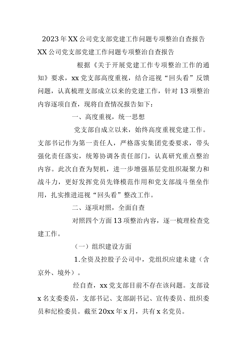 2023年XX公司党支部党建工作问题专项整治自查报告.docx_第1页