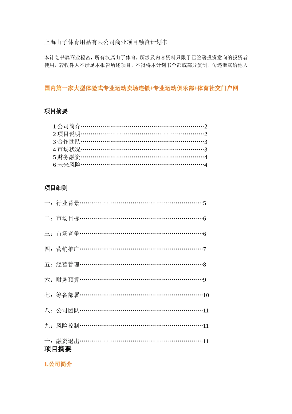 上海山子体育用品有限公司商业项目融资计划书 .doc_第1页