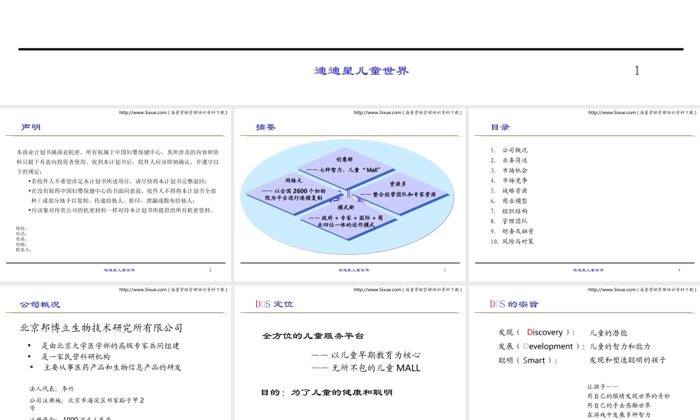 迪迪星儿童世界（DDS）商业计划书.PPT