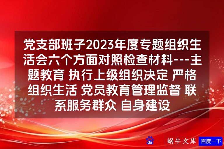 党支部班子2023年度专题组织生活会六个方面对照检查材料---主题教育 执行上级组织决定 严格组织生活 党员教育管理监督 联系服务群众 自身建设