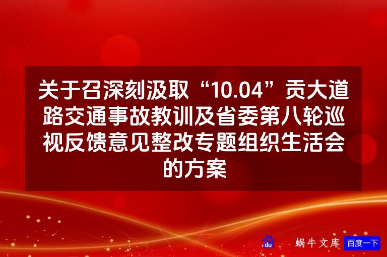 关于召深刻汲取“10.04”贡大道路交通事故教训及省委第八轮巡视反馈意见整改专题组织生活会的方案