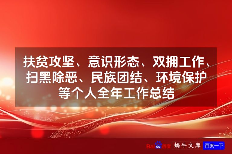 扶贫攻坚、意识形态、双拥工作、扫黑除恶、民族团结、环境保护等个人全年工作总结