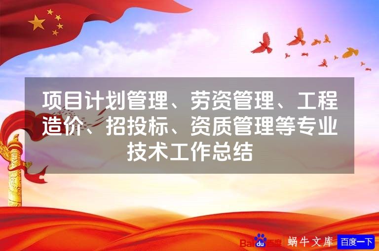 项目计划管理、劳资管理、工程造价、招投标、资质管理等专业技术工作总结