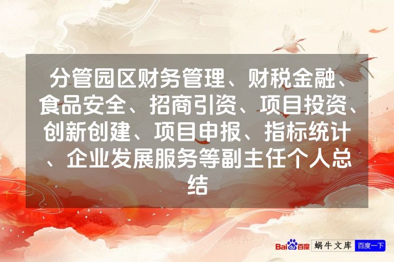 分管园区财务管理、财税金融、食品安全、招商引资、项目投资、创新创建、项目申报、指标统计、企业发展服务等副主任个人总结